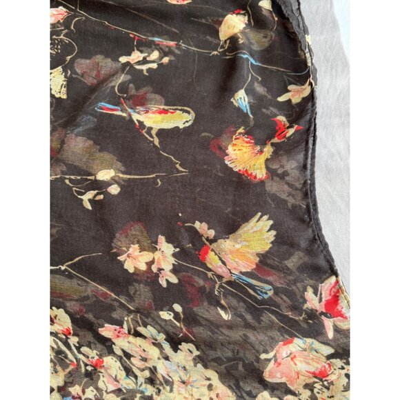Floral & Bird Print Sheer Black Scarf Wrap Lightweight - Picture 2 of 6